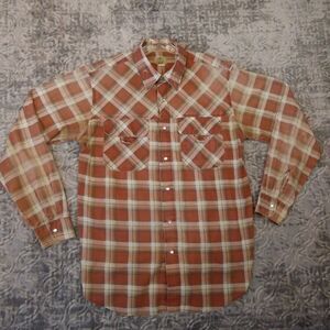 Haband Traveler Shirt Men's Large Orange Plaid Pearl Snap Button Up Lightweight